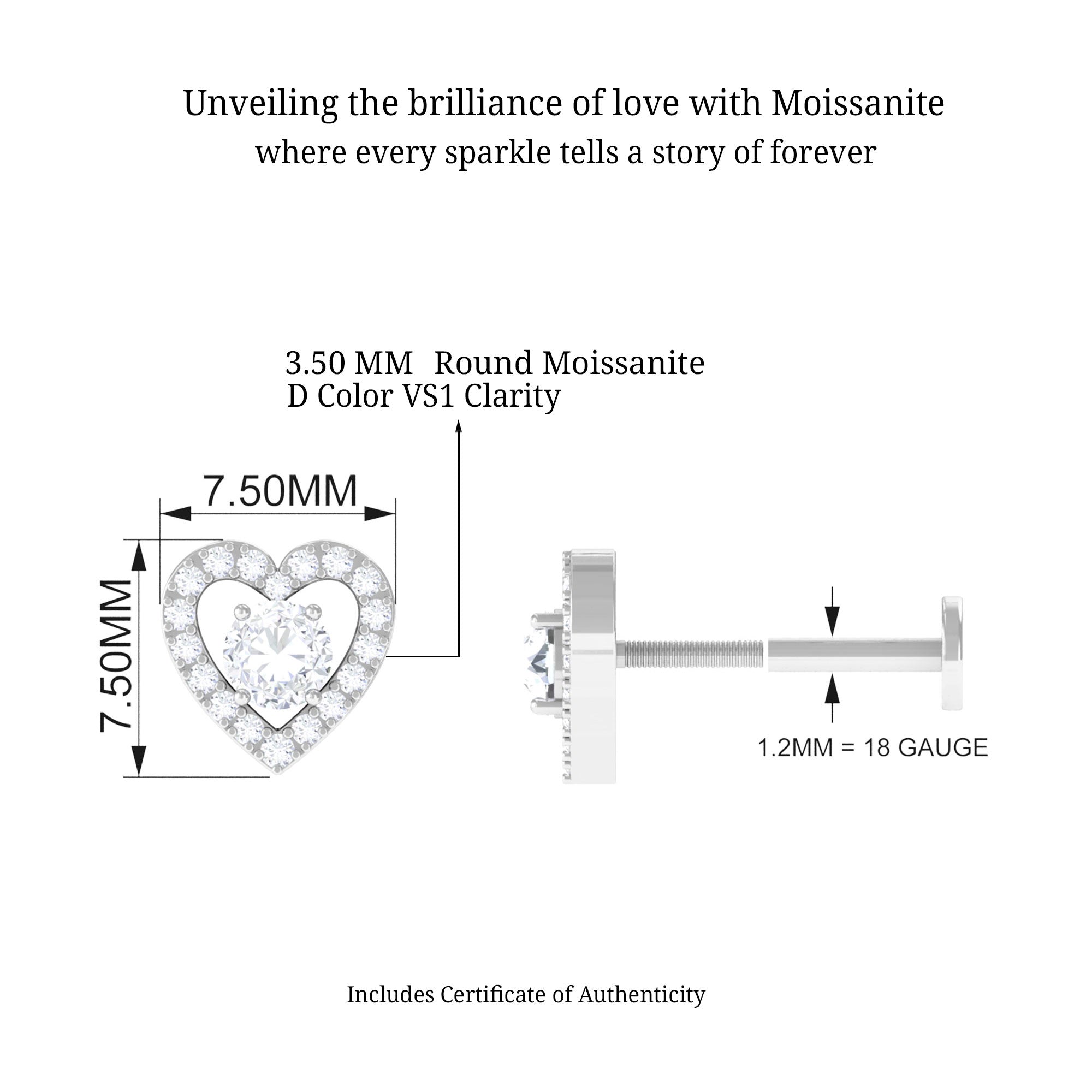 Moissanite Heart Earring for Helix Piercing D-VS1 - Sparkanite Jewels