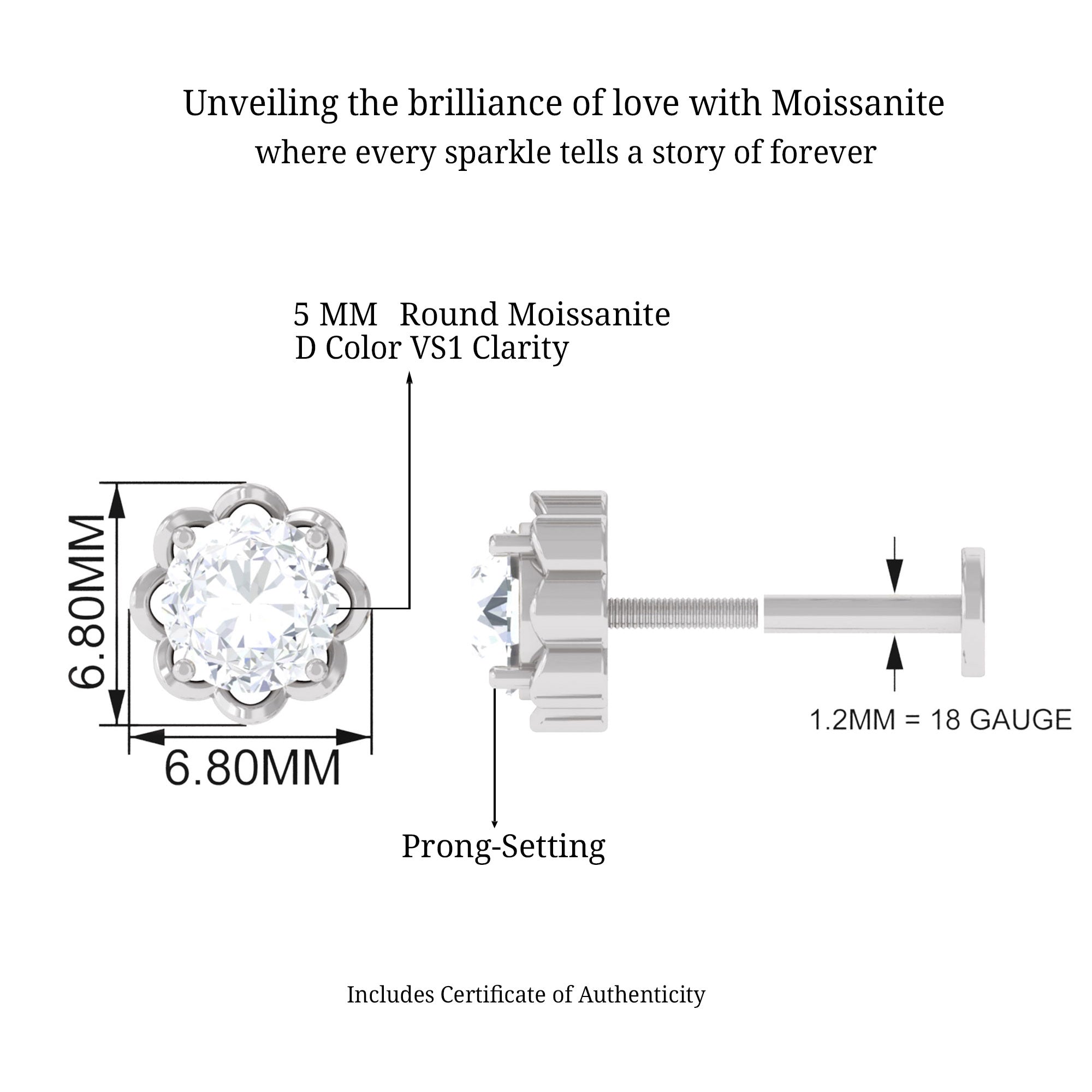 Round Moissanite Solitaire Cartilage Earring D-VS1 - Sparkanite Jewels