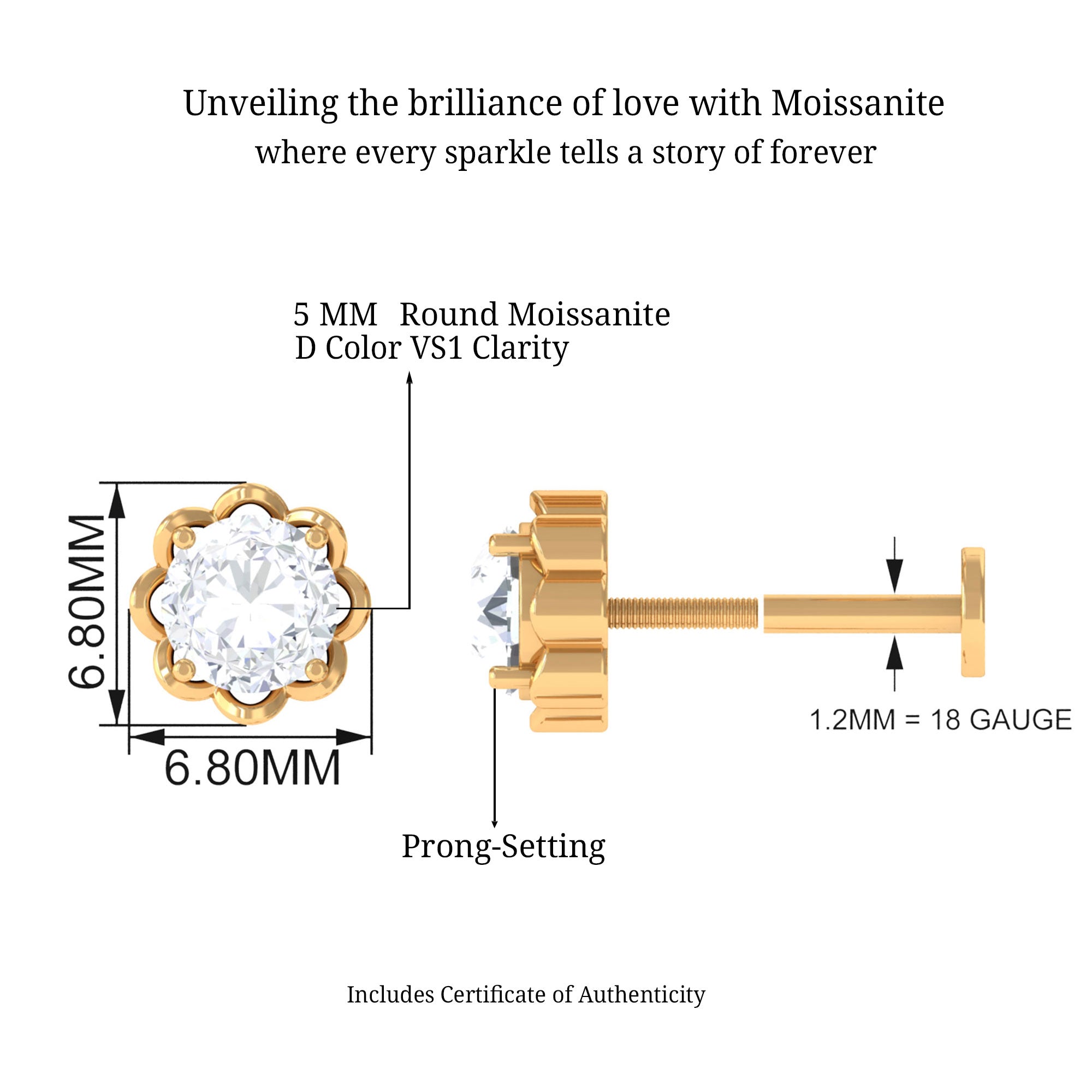 Round Moissanite Solitaire Cartilage Earring D-VS1 - Sparkanite Jewels