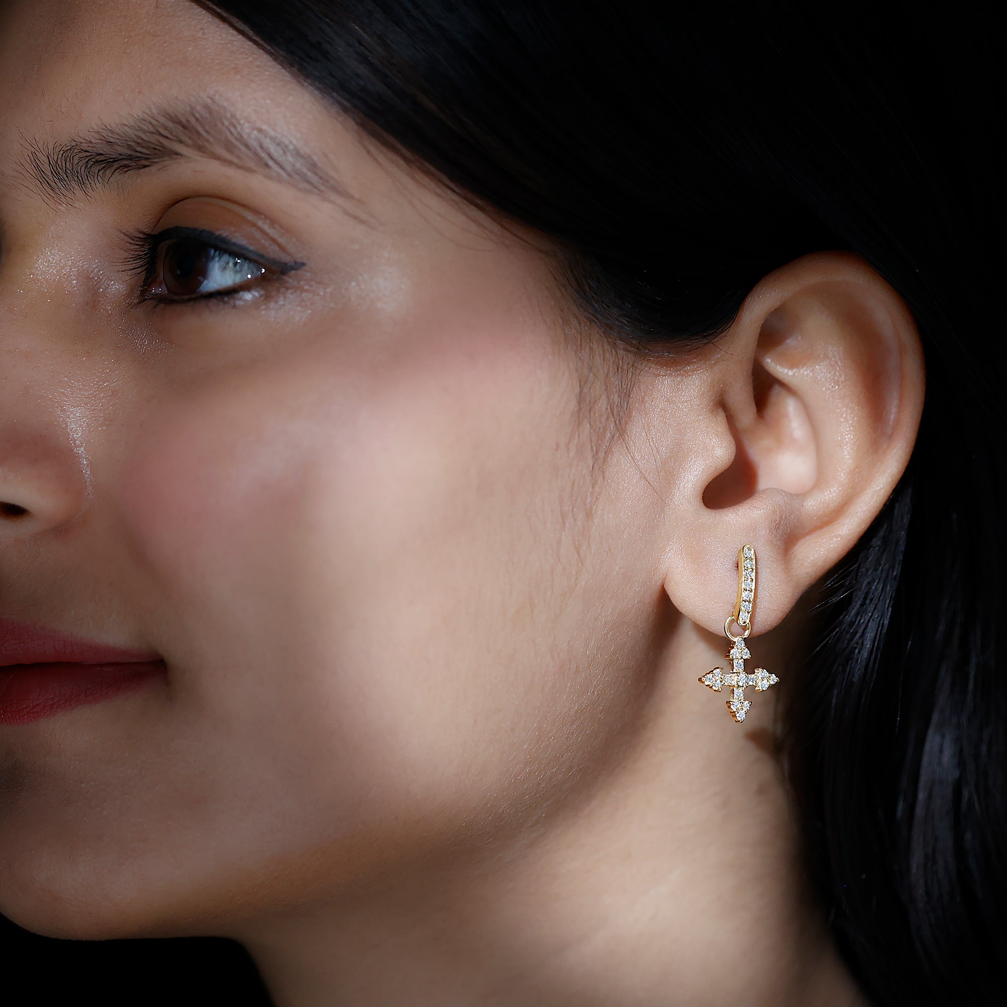 Sparkanite Jewels-Minimal Cross Drop Earrings with Certified Moissanite