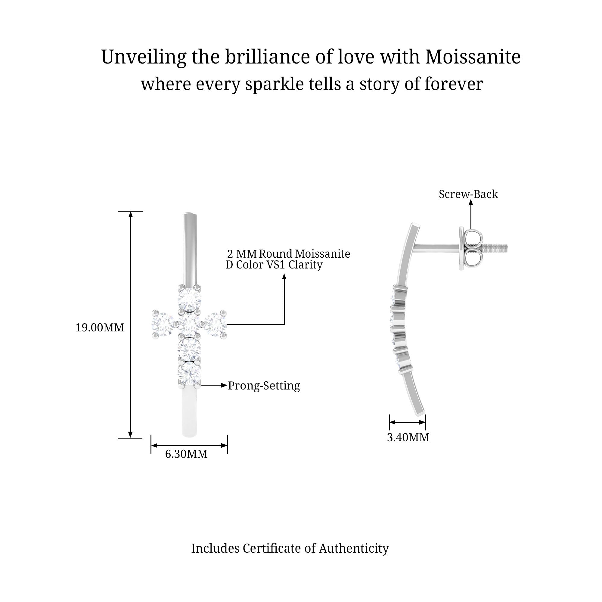 Sparkanite Jewels-Minimal Cross Stud Earrings with Certified Moissanite