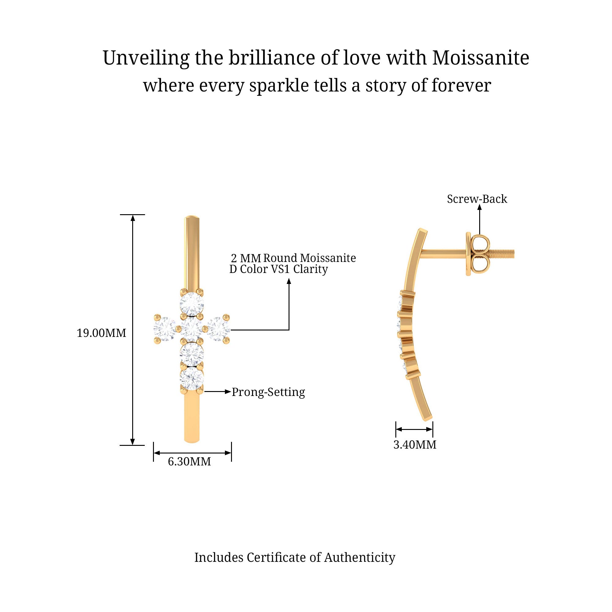 Sparkanite Jewels-Minimal Cross Stud Earrings with Certified Moissanite