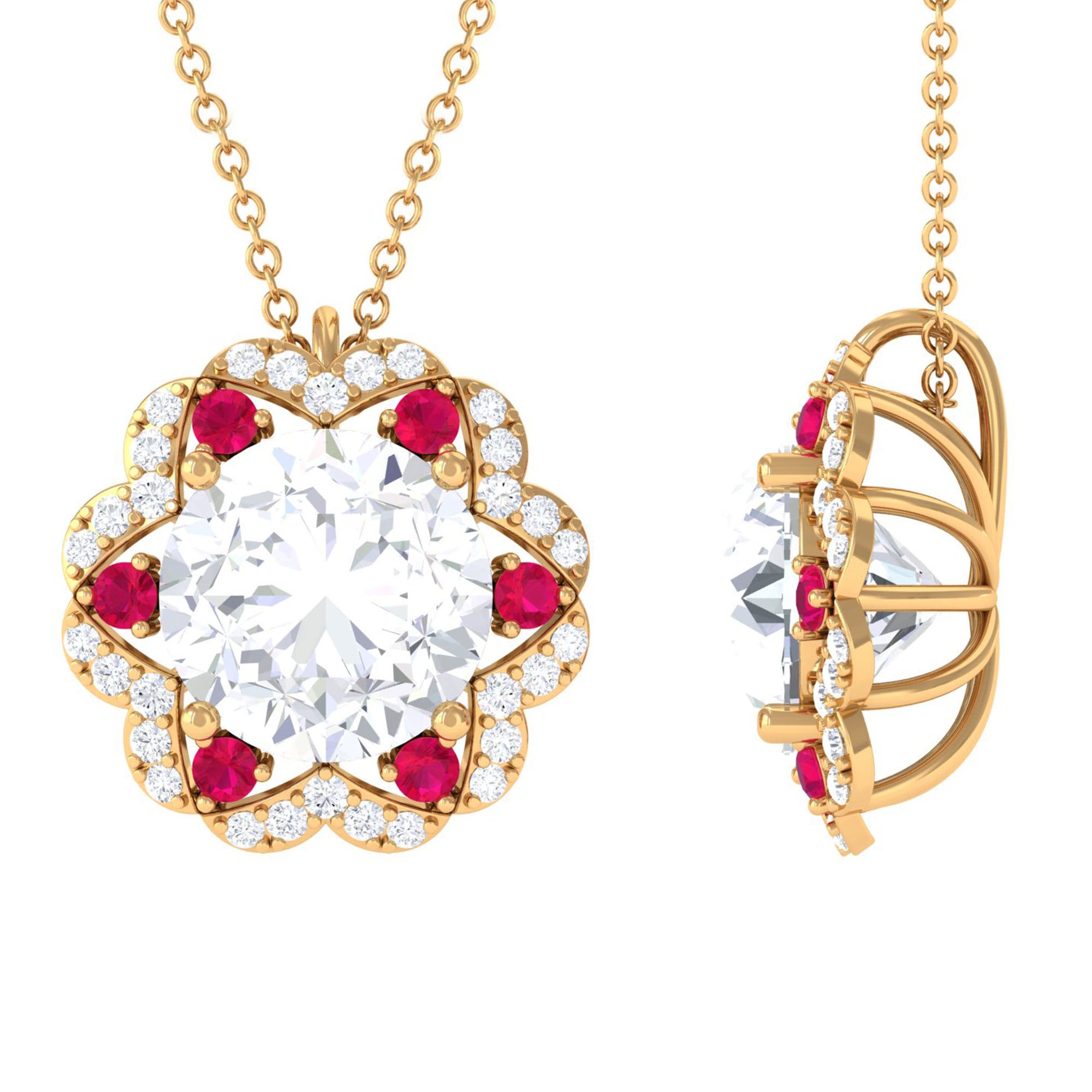 Statement Floral Inspired Pendant Necklace with Ruby and Moissanite D-VS1 10 MM - Sparkanite Jewels