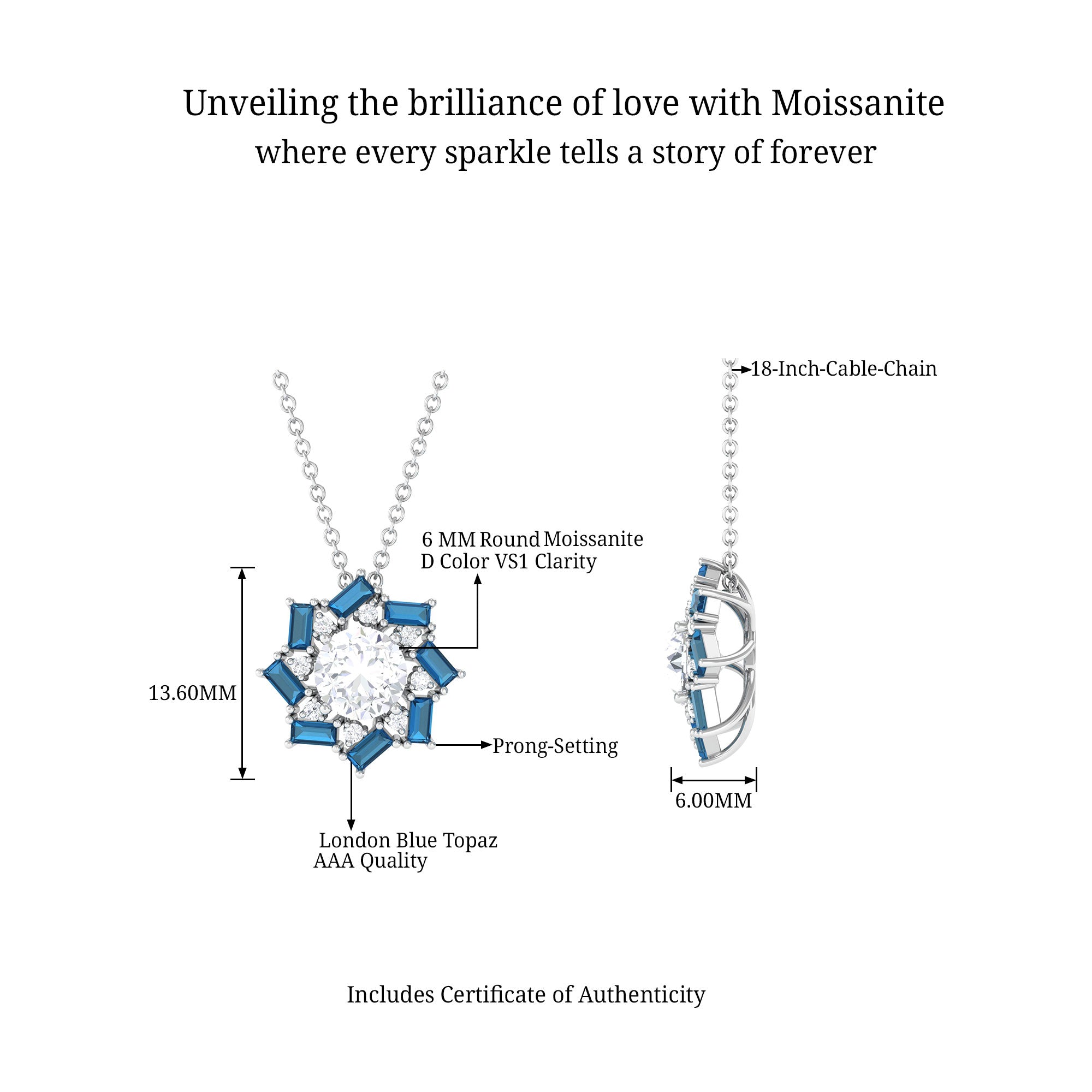 Round Moissanite Designer Floral Inspired Pendant with London Blue Topaz D-VS1 6 MM - Sparkanite Jewels