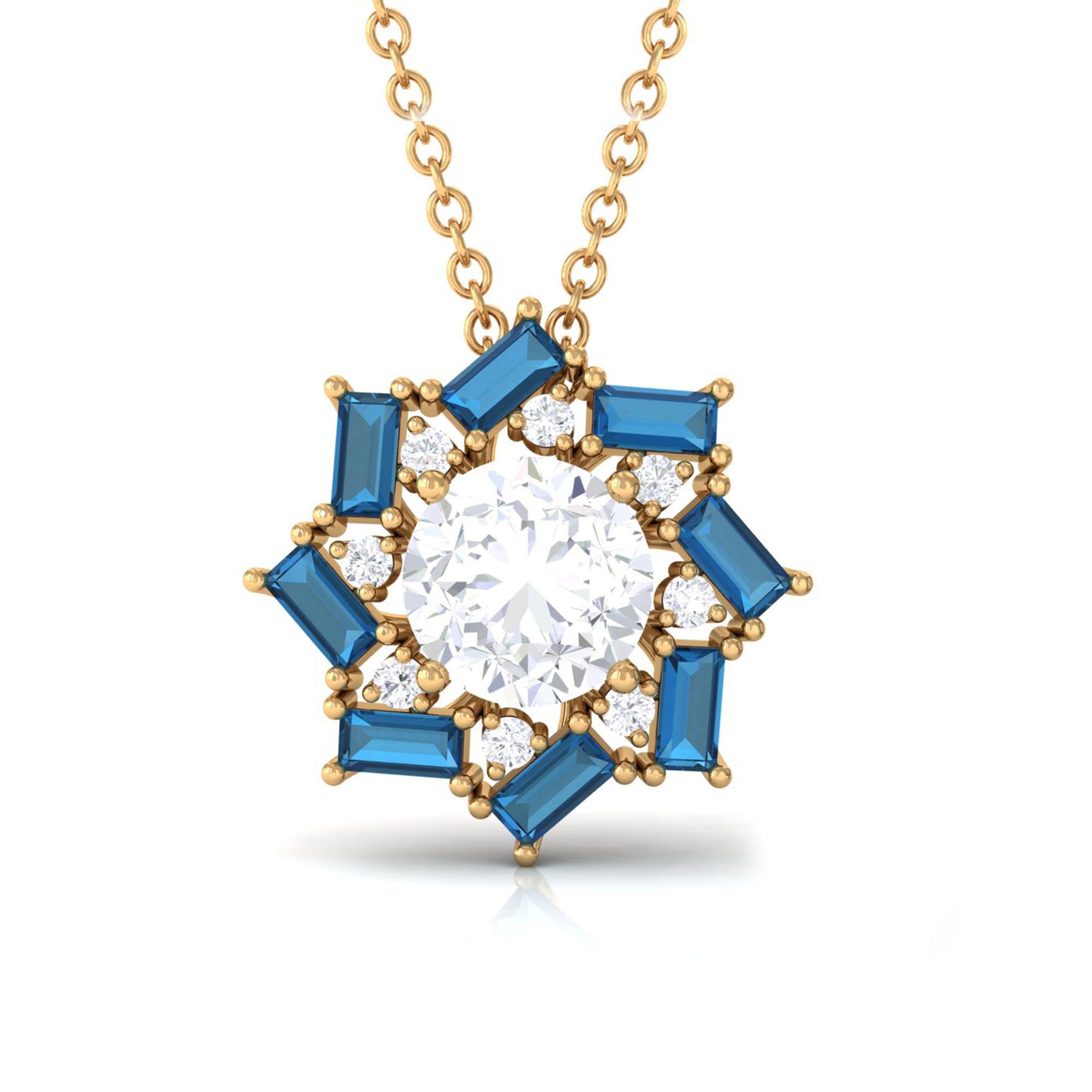 Round Moissanite Designer Floral Inspired Pendant with London Blue Topaz D-VS1 6 MM - Sparkanite Jewels