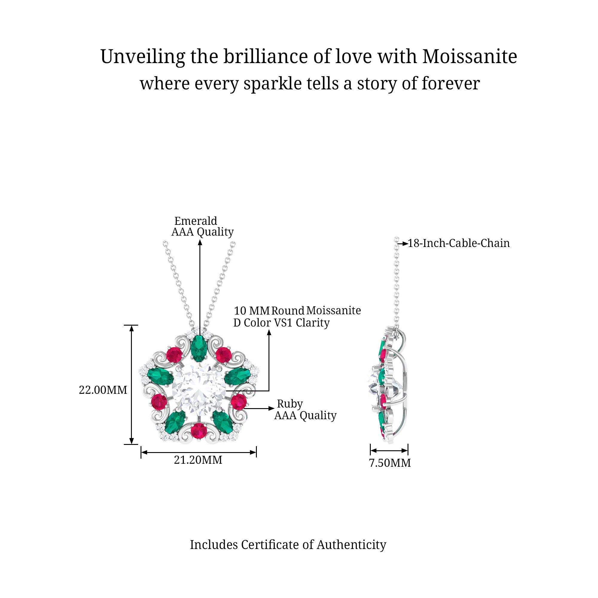 Certified Moissanite Floral Inspired Pendant with Emerald and Ruby D-VS1 10 MM - Sparkanite Jewels