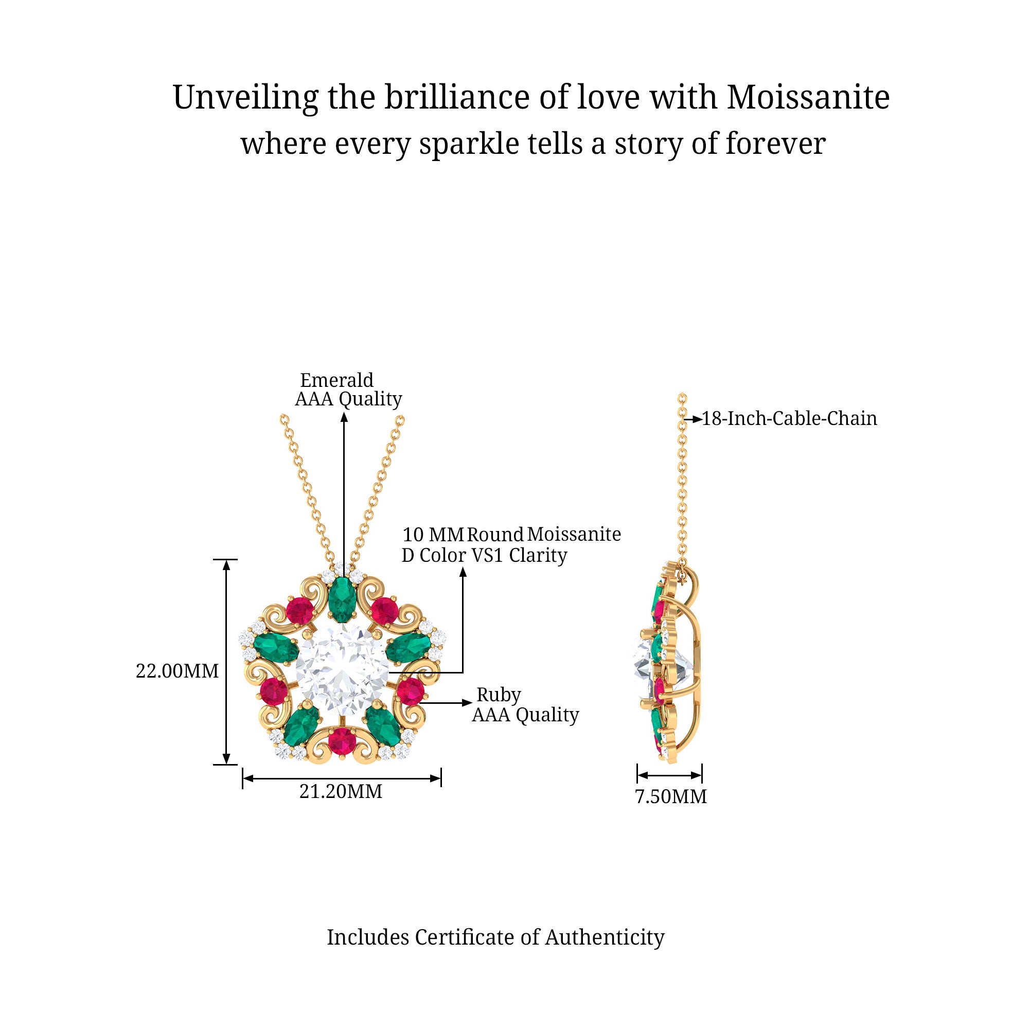 Certified Moissanite Floral Inspired Pendant with Emerald and Ruby D-VS1 10 MM - Sparkanite Jewels