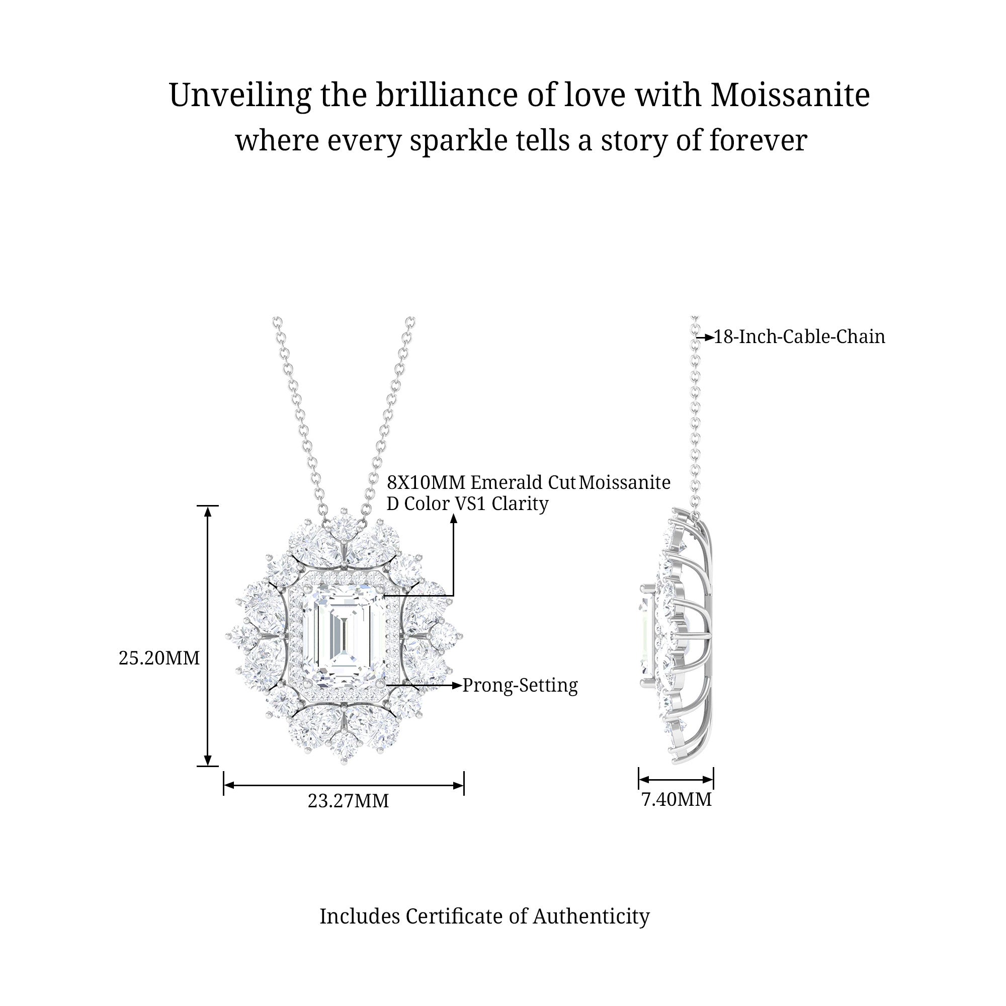 Emerald Cut Moissanite Statement Halo Pendant Necklace D-VS1 8X10 MM - Sparkanite Jewels