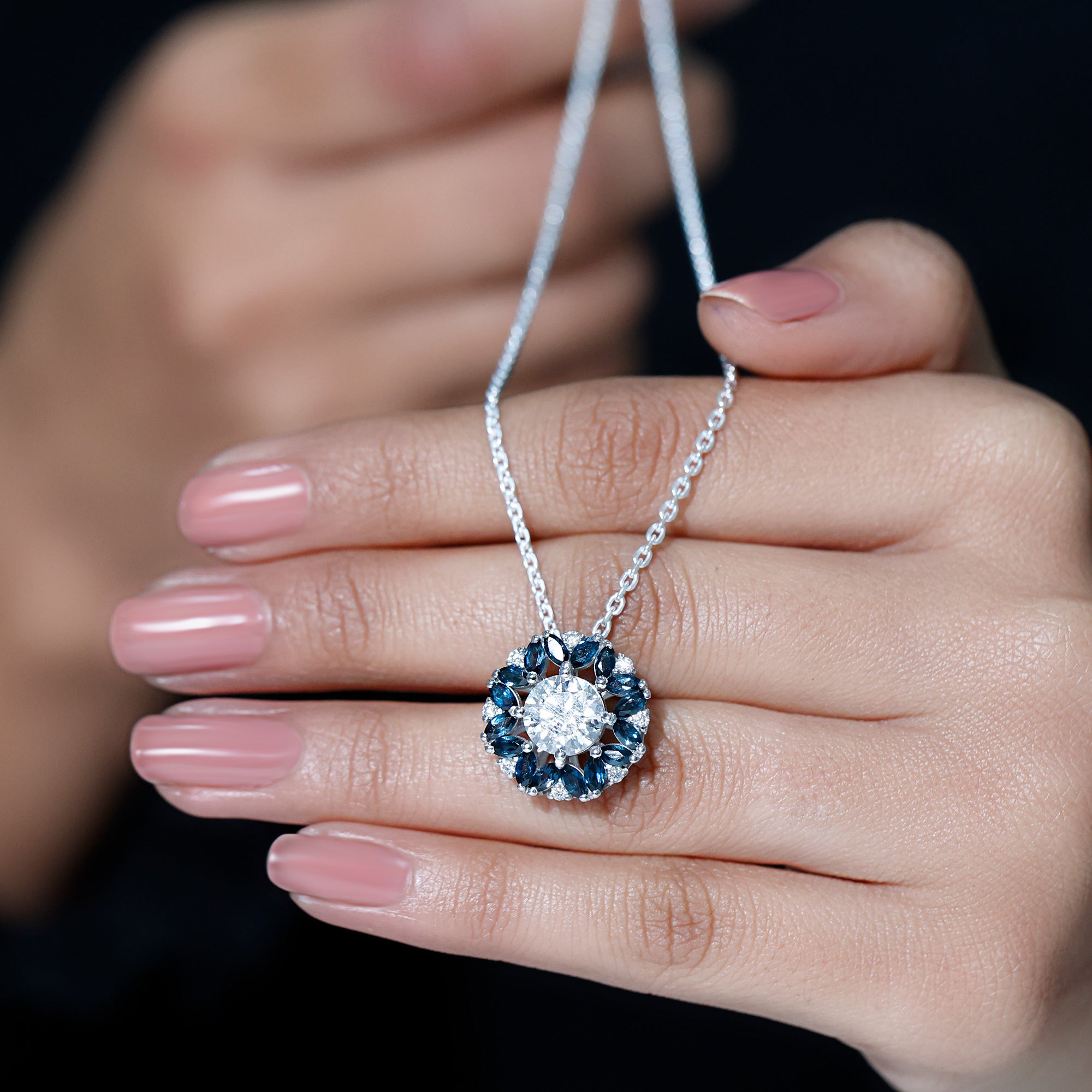 Sparkanite Jewels-Moissanite Pendant Necklace with London Blue Topaz Halo