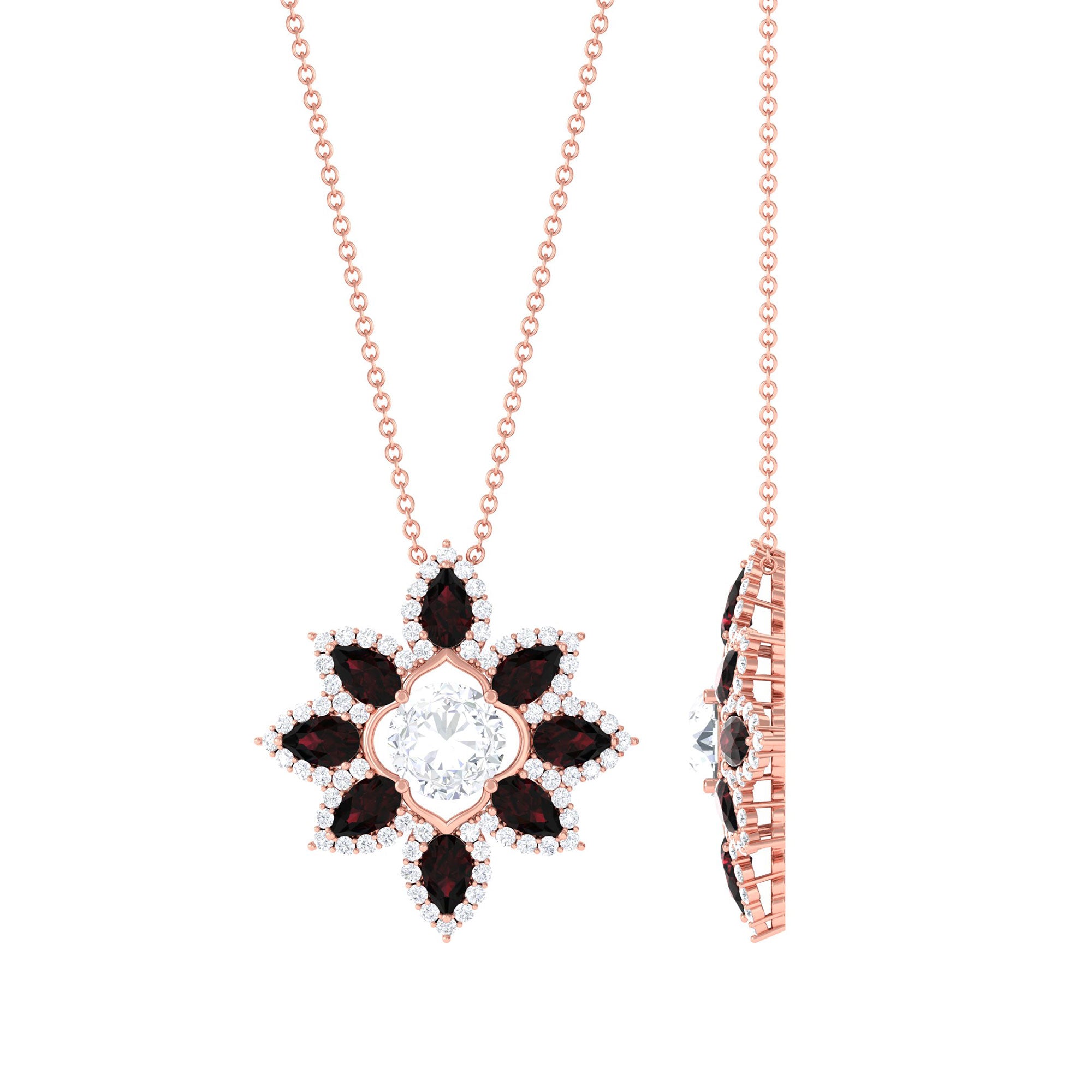 Sparkanite Jewels-Certified Moissanite Statement Floral Inspired Pendant with Garnet