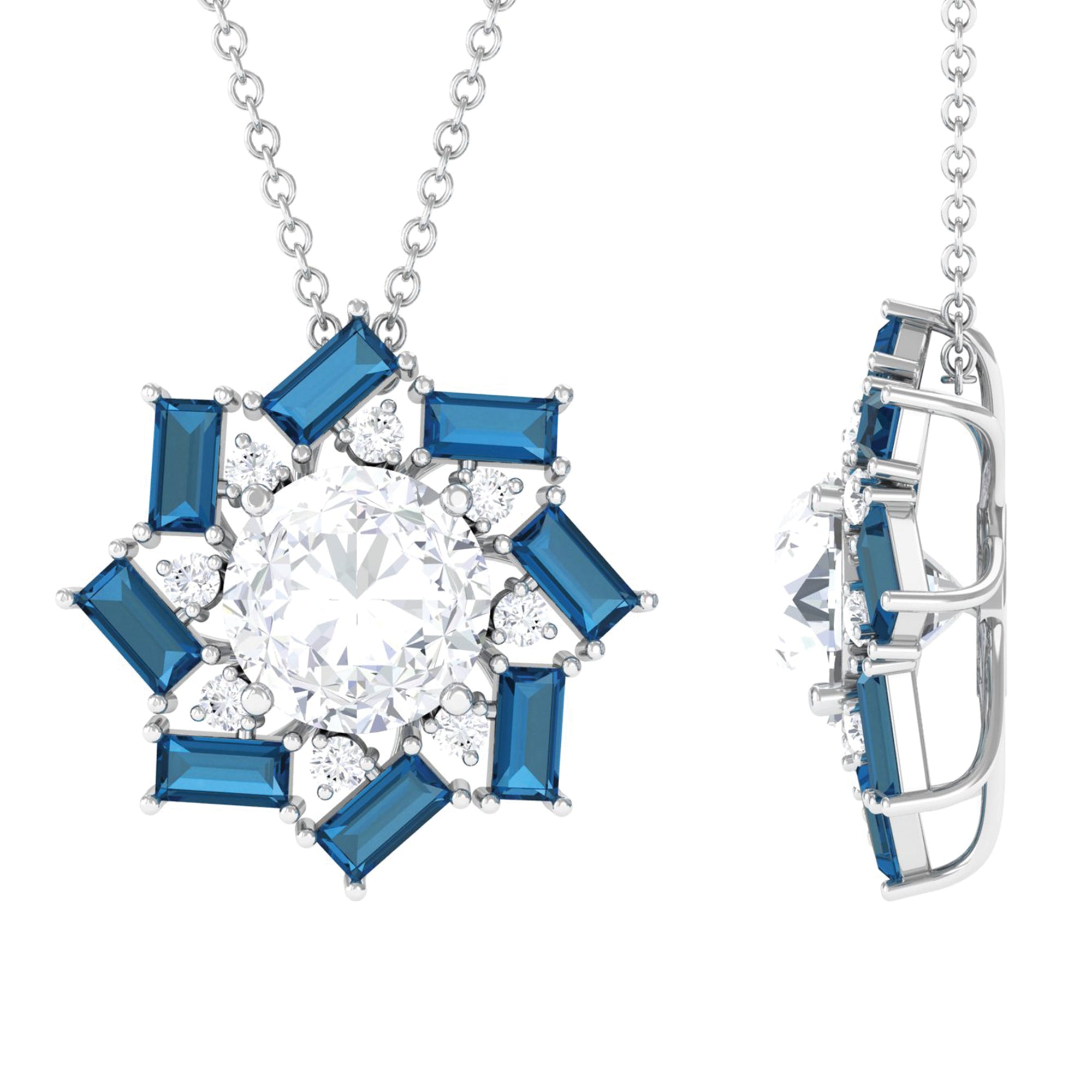 Round Moissanite Designer Floral Inspired Pendant with London Blue Topaz D-VS1 8 MM - Sparkanite Jewels