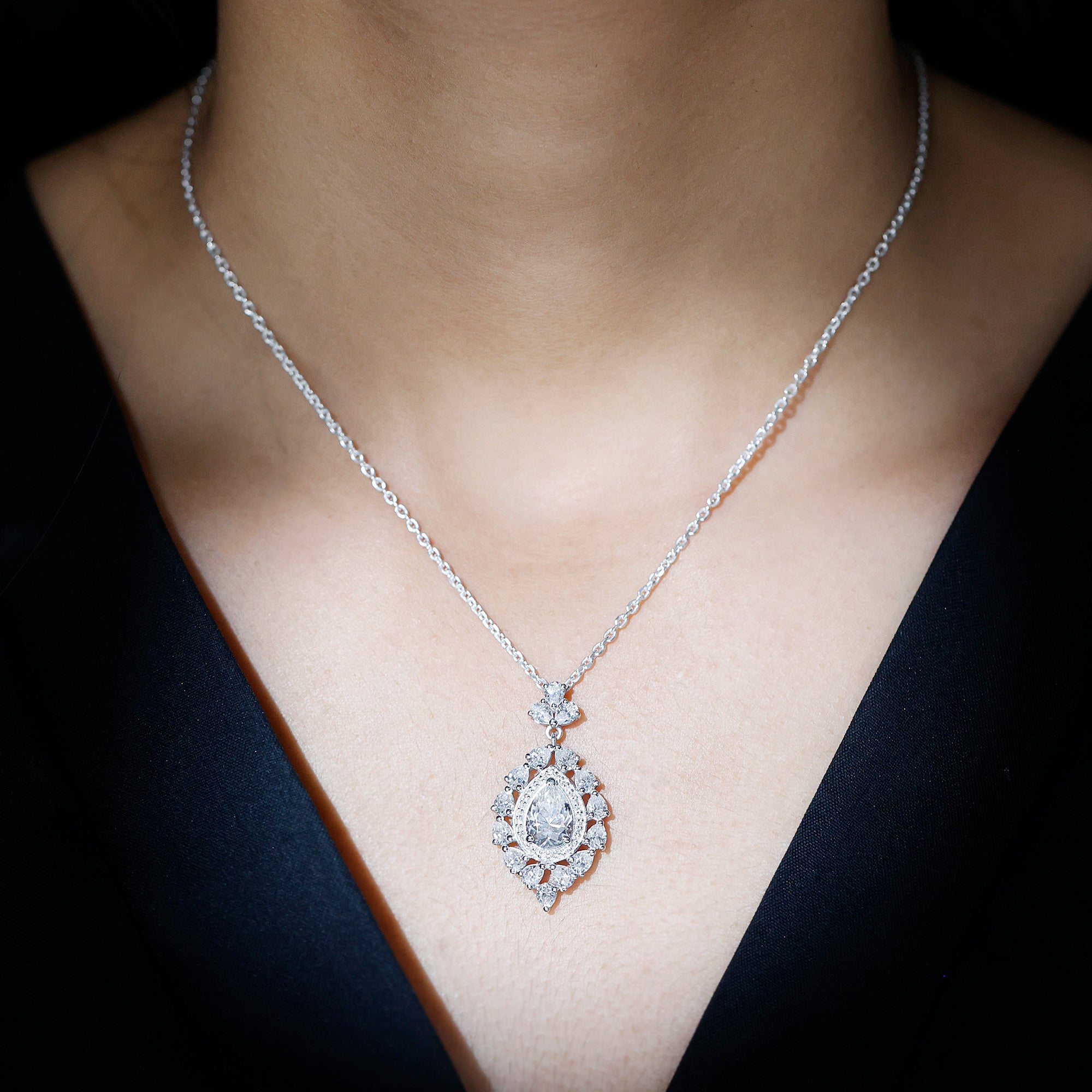 Sparkanite Jewels-Pear Shape Moissanite Cocktail Halo Drop Pendant