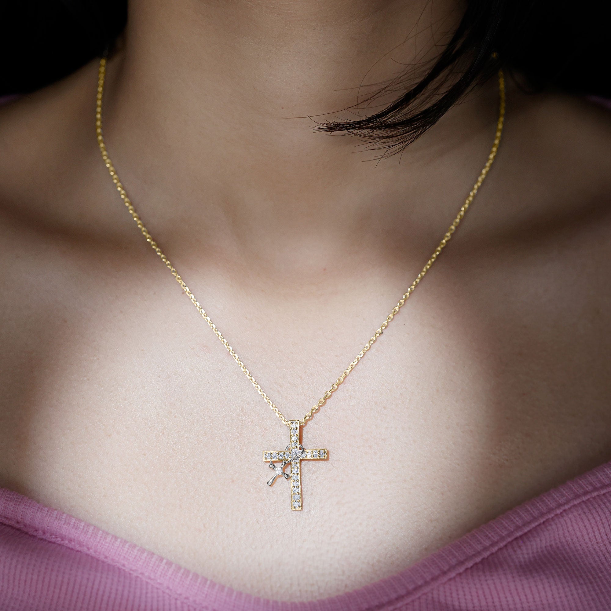 Sparkanite Jewels-Double Cross Pendant Necklace with Certified Moissanite