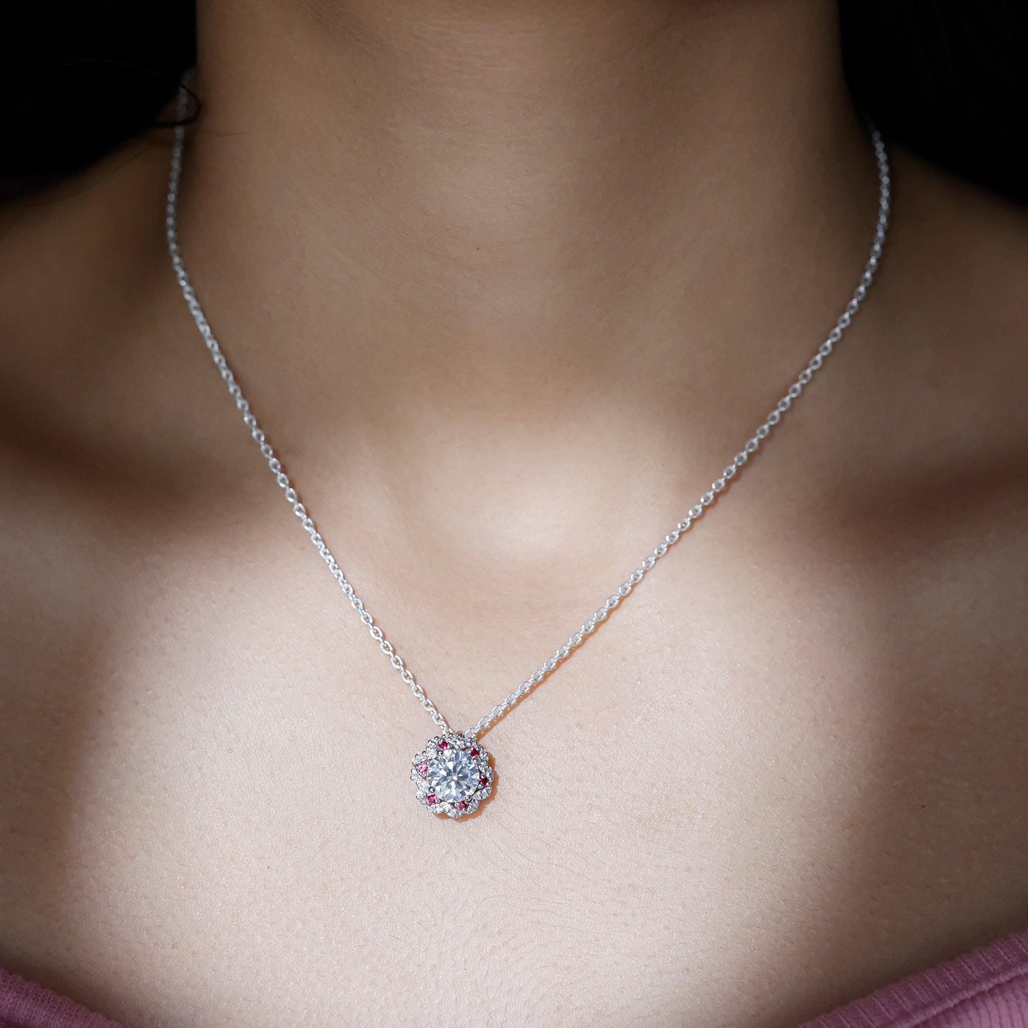 Sparkanite Jewels-Statement Floral Inspired Pendant with Lab Grown Ruby and Moissanite