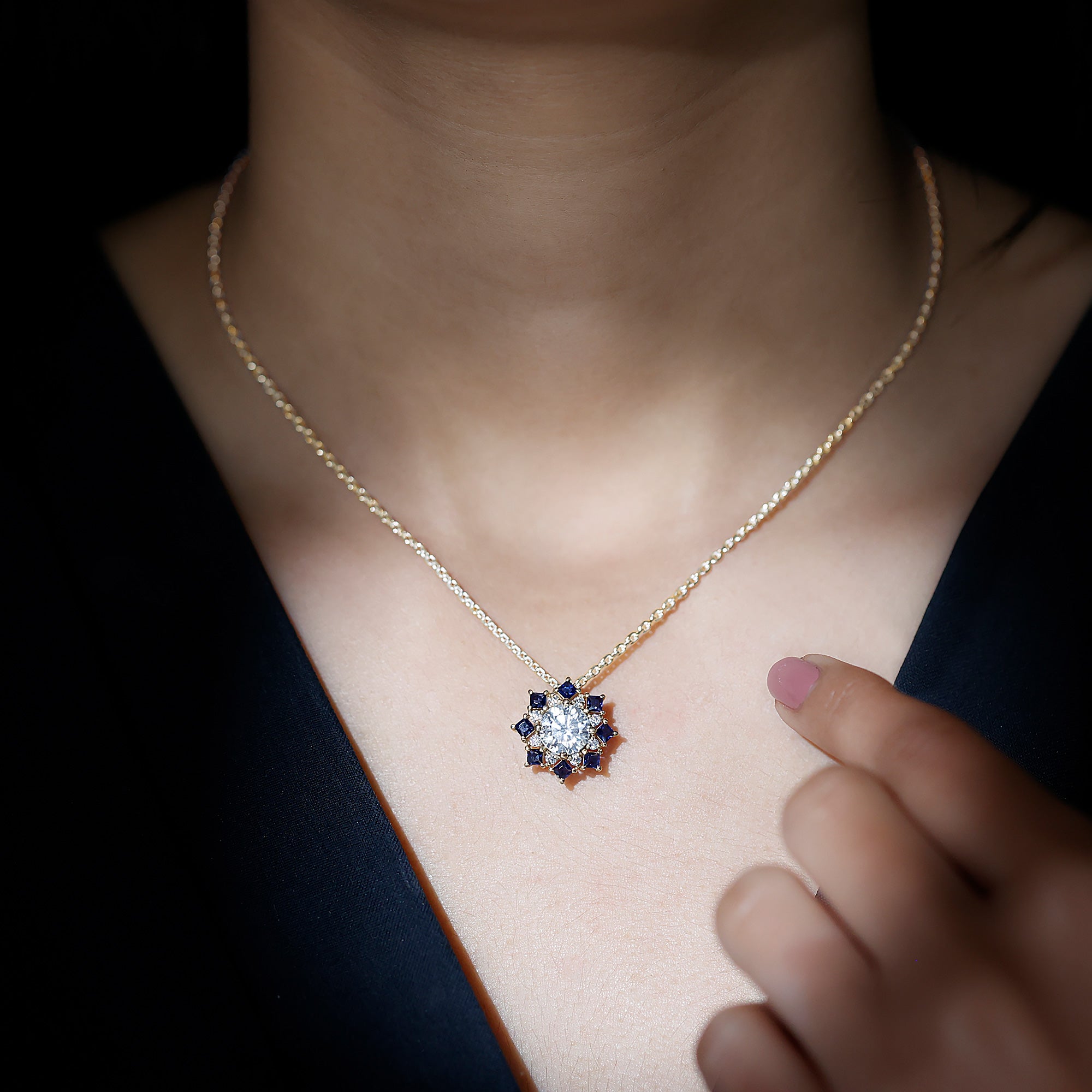 Sparkanite Jewels-Vintage Style Moissanite Pendant with Lab Blue Sapphire