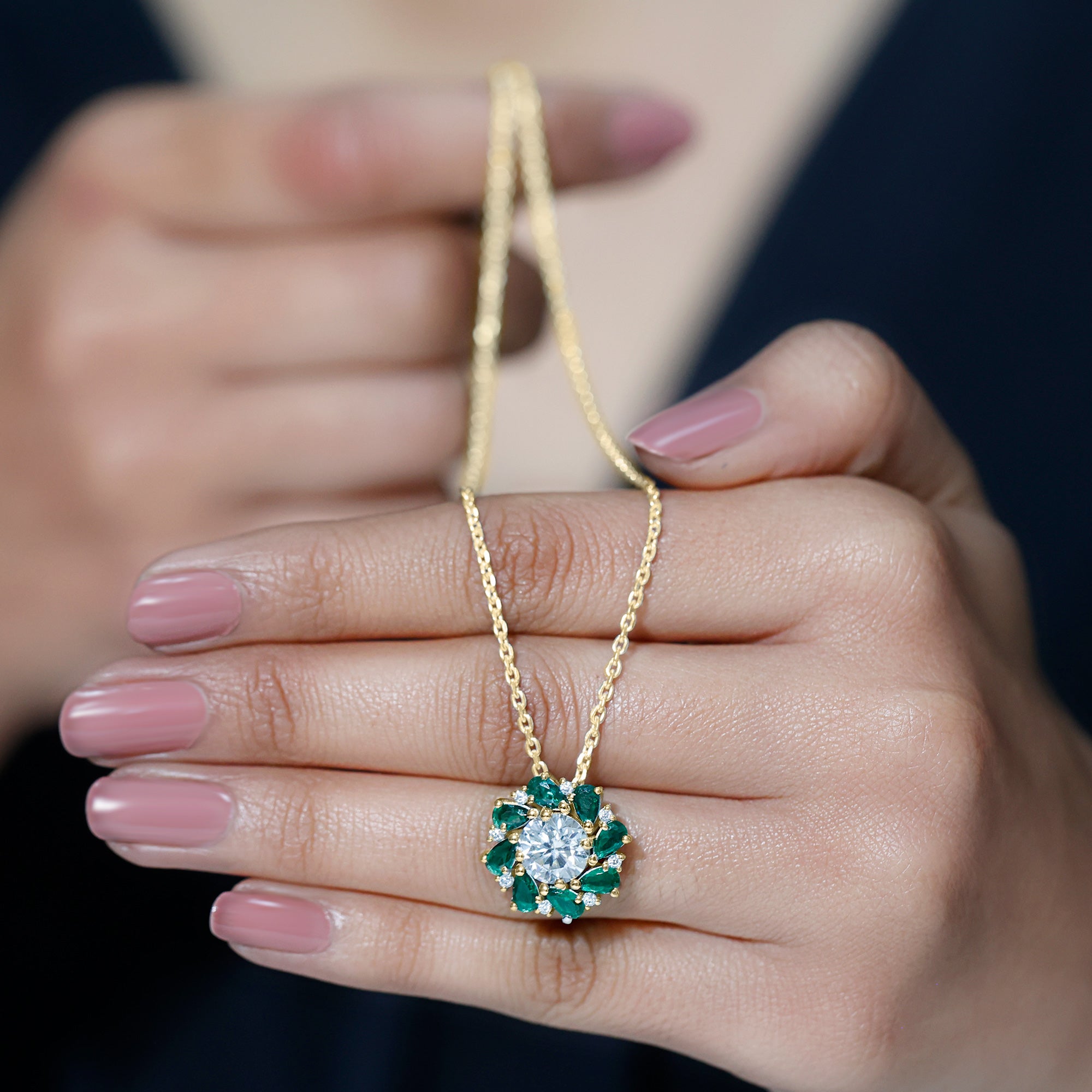 Sparkanite Jewels-Nature Inspired Floral Pendant with Moissanite and Lab Grown Emerald