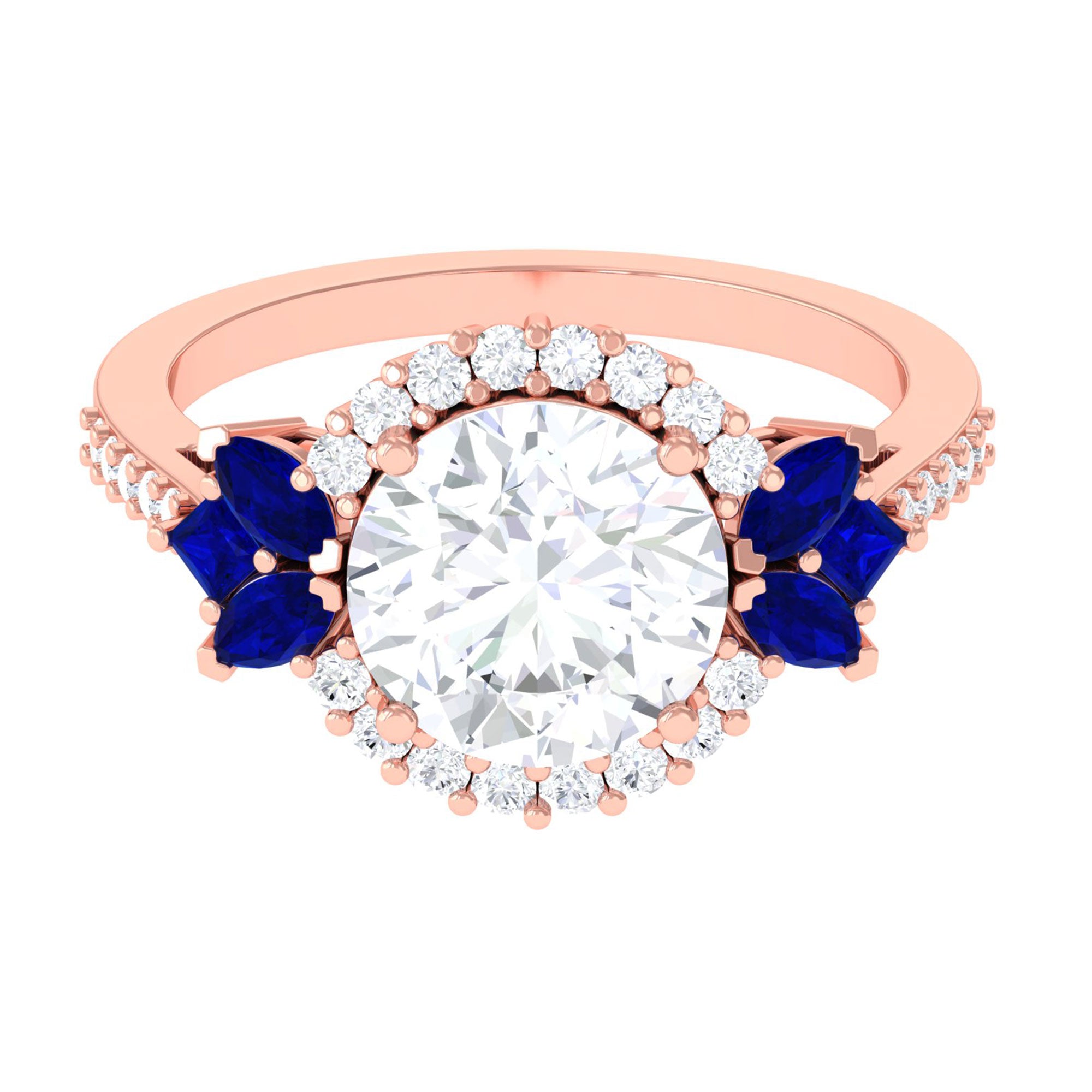 Sparkanite Jewels-Statement Moissanite Halo Engagement Ring with Sapphire