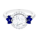 Sparkanite Jewels-Statement Moissanite Halo Engagement Ring with Sapphire