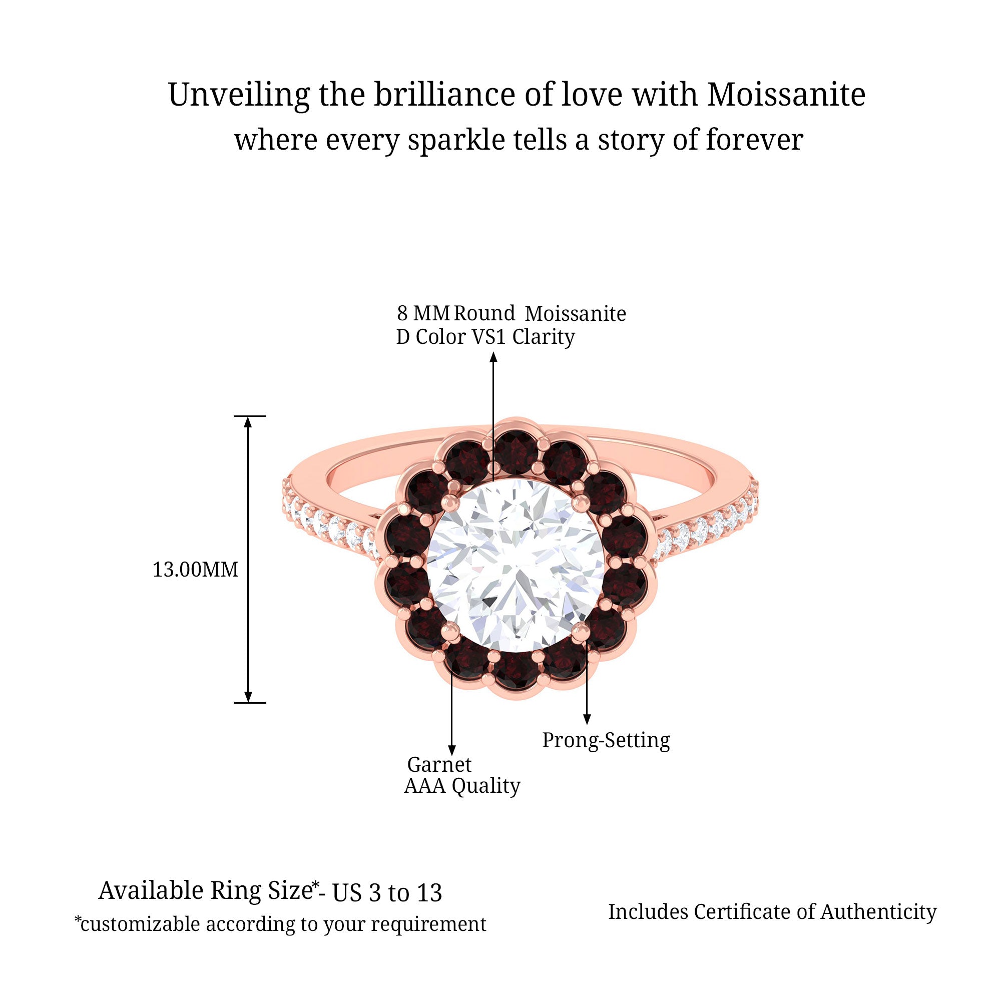 Sparkanite Jewels-Certified Moissanite Cocktail Halo Ring with Garnet