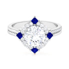 Sparkanite Jewels-Vintage Inspired Moissanite Halo Engagement Ring with Lab Grown Blue Sapphire