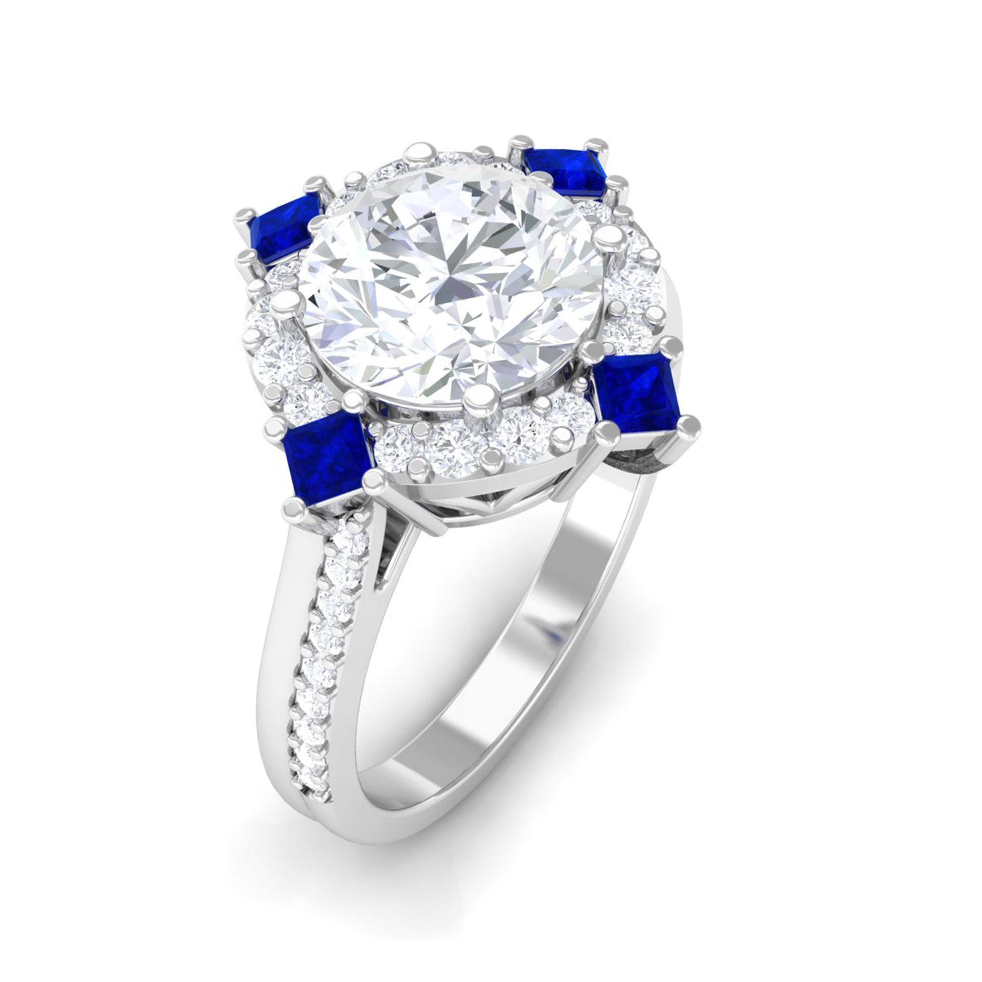 Sparkanite Jewels-Vintage Inspired Moissanite Halo Engagement Ring with Lab Grown Blue Sapphire