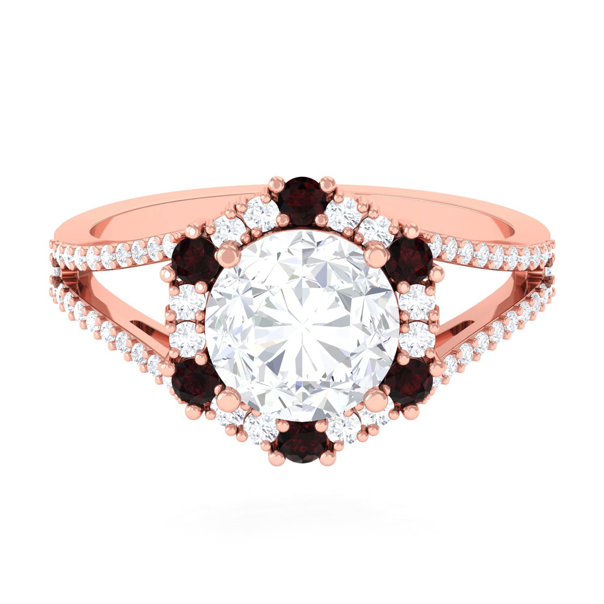 Sparkanite Jewels-Vintage Style Moissanite and Garnet Halo Engagement Ring in Split Shank