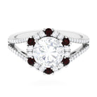 Sparkanite Jewels-Vintage Style Moissanite and Garnet Halo Engagement Ring in Split Shank