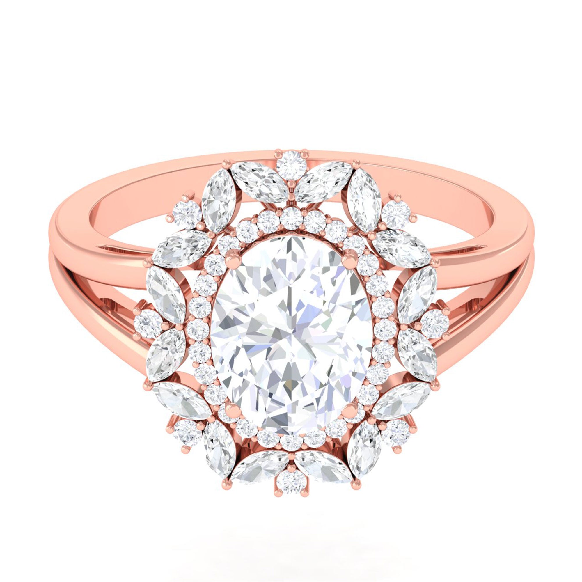 Sparkanite Jewels-Oval Shape Moissanite Double Halo Engagement Ring with Split Shank