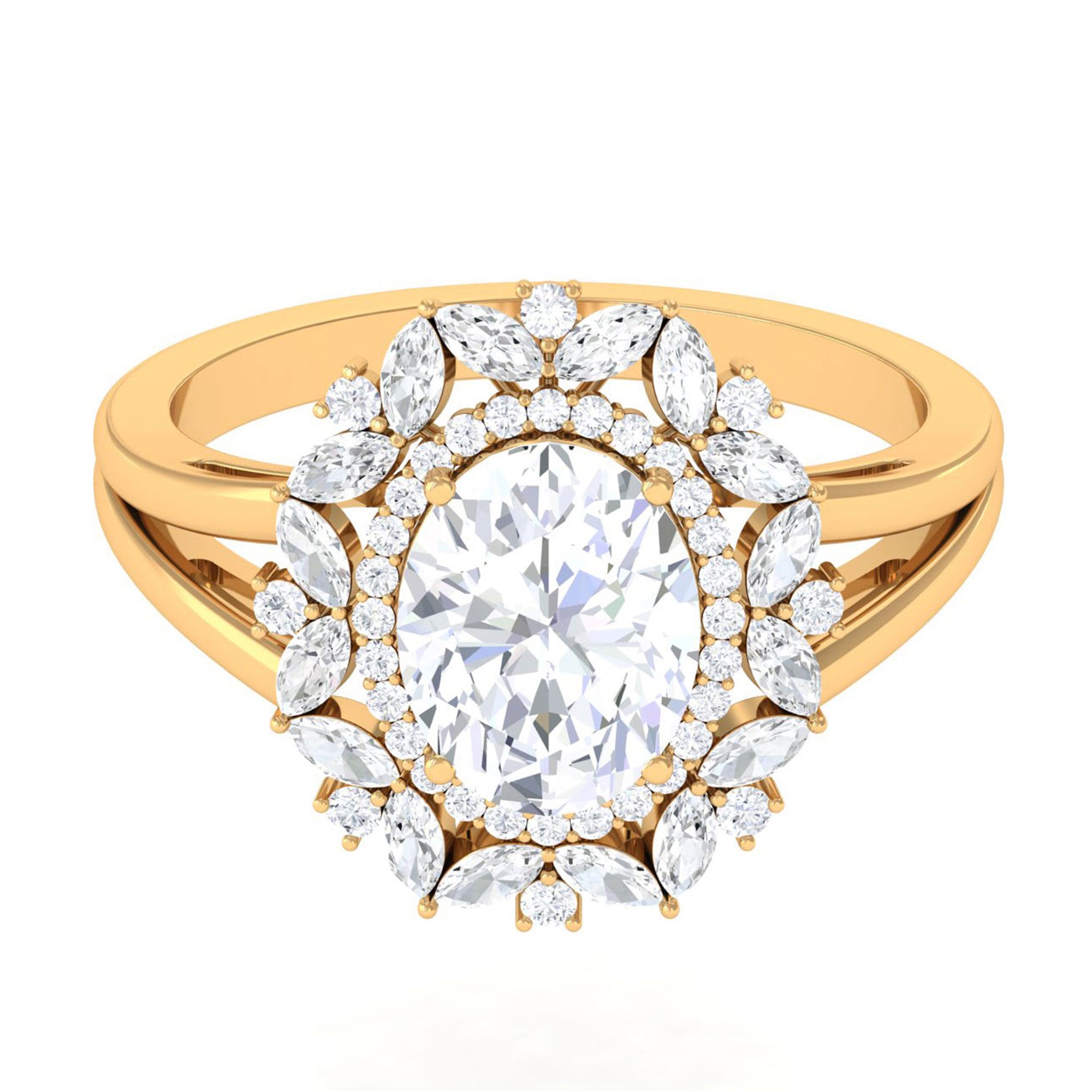 Sparkanite Jewels-Oval Shape Moissanite Double Halo Engagement Ring with Split Shank