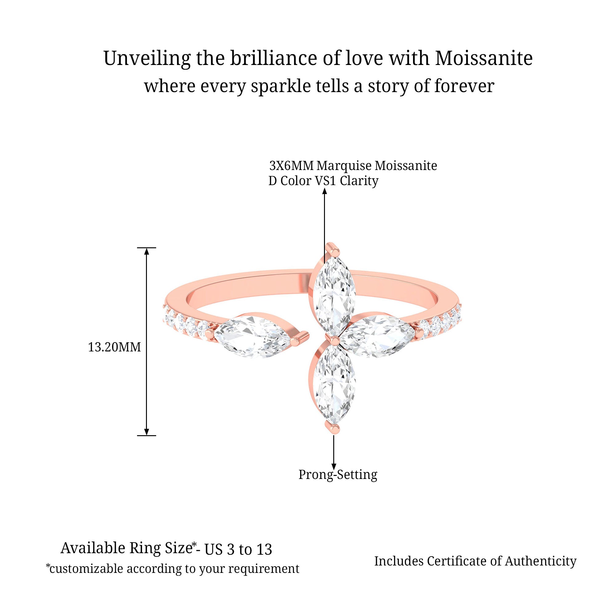 Sparkanite Jewels-Minimal Marquise Shape Moissanite Flower Cuff Ring