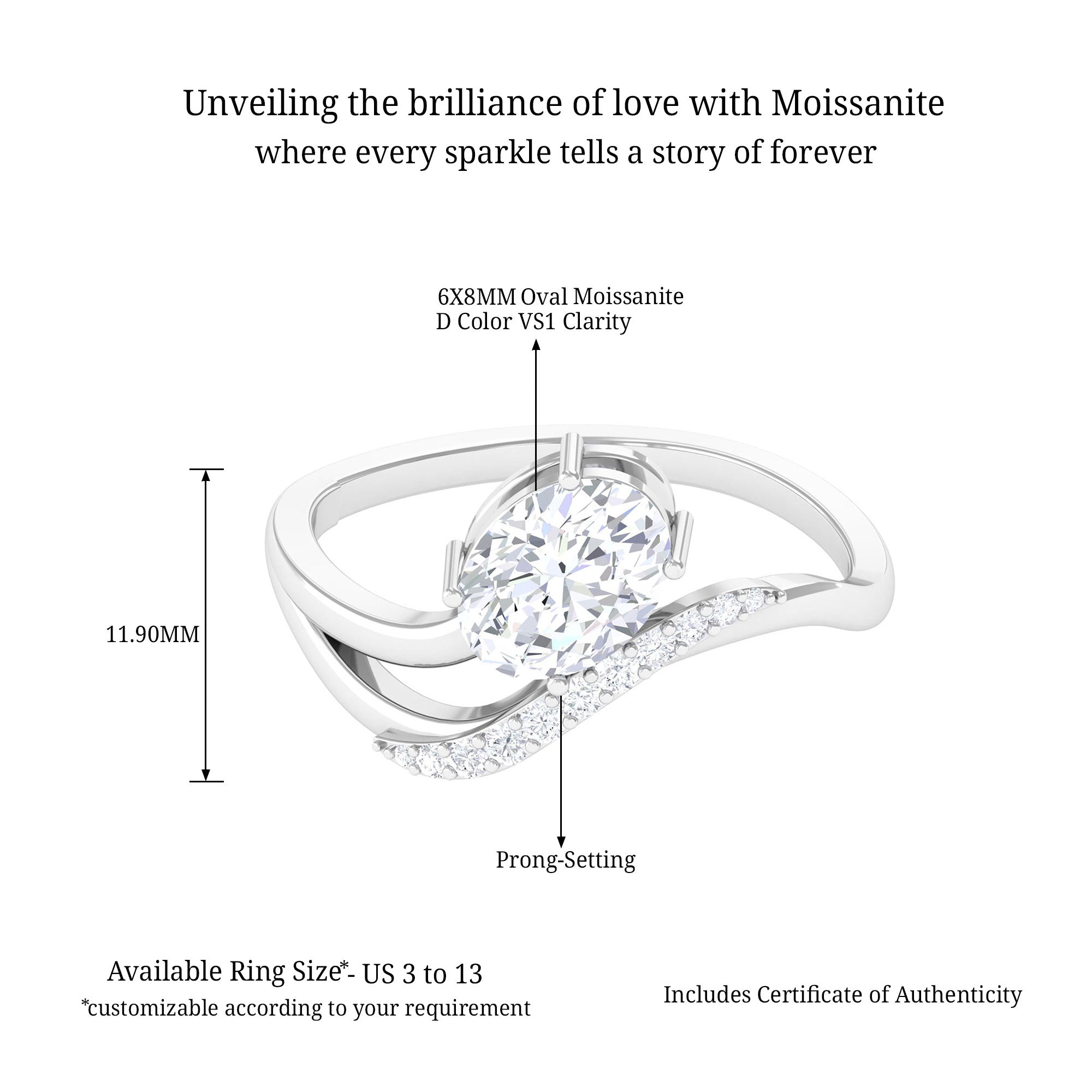 Sparkanite Jewels-Oval Shape Solitaire Moissanite Curved Engagement Ring