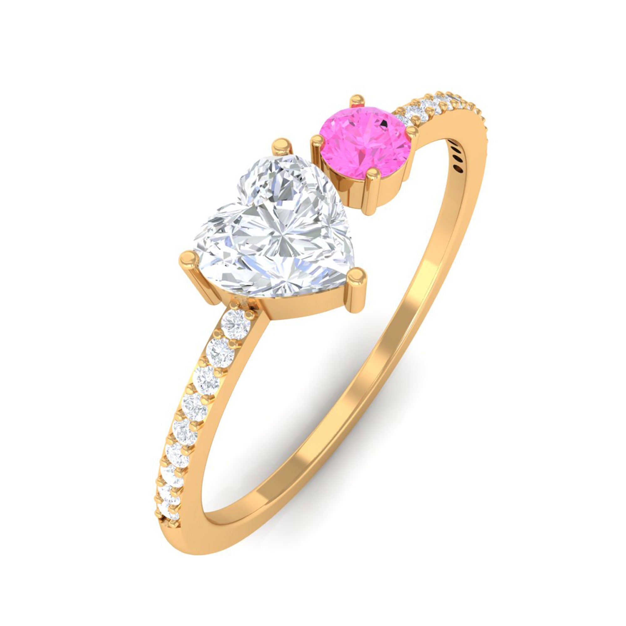 Sparkanite Jewels-Minimal Heart Shape Moissanite Toi Et Moi Ring with Pink Sapphire