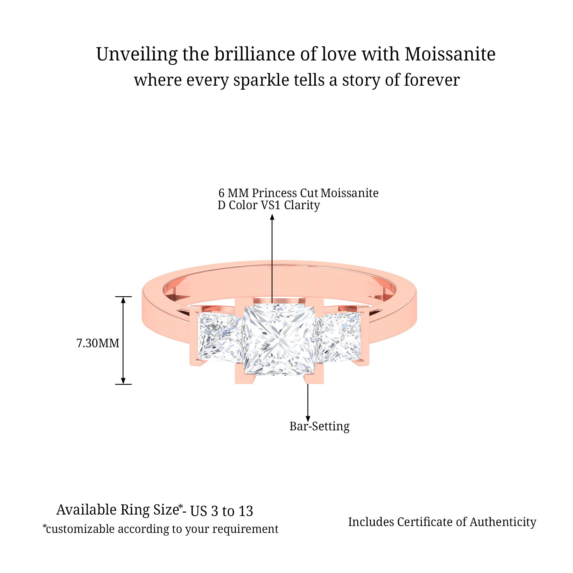 Sparkanite Jewels-Princess Cut Moissanite Three Stone Engagement Ring