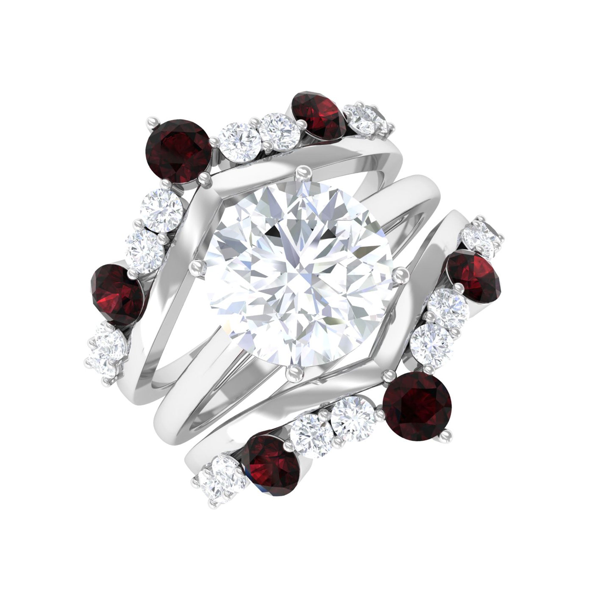 Sparkanite Jewels-Classic Moissanite Bridal Ring Set of 3 with Garnet