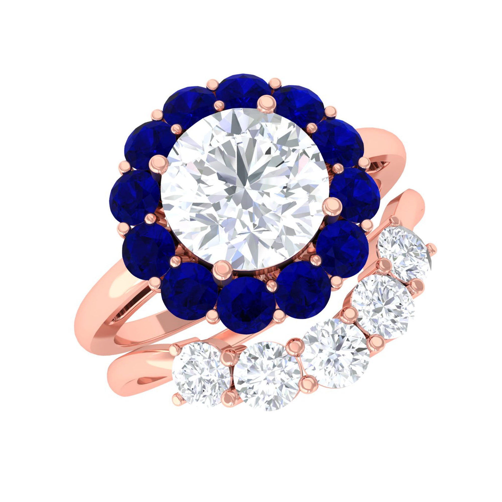 Sparkanite Jewels-Designer Moissanite Bridal Ring Set with Blue Sapphire Halo