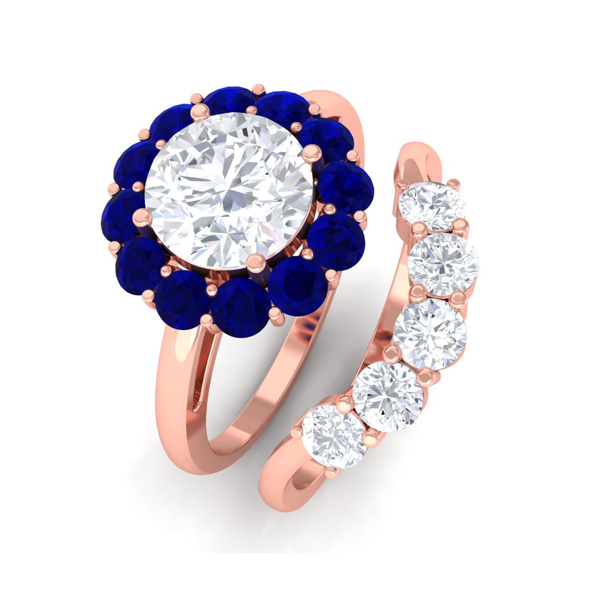 Sparkanite Jewels-Designer Moissanite Bridal Ring Set with Blue Sapphire Halo