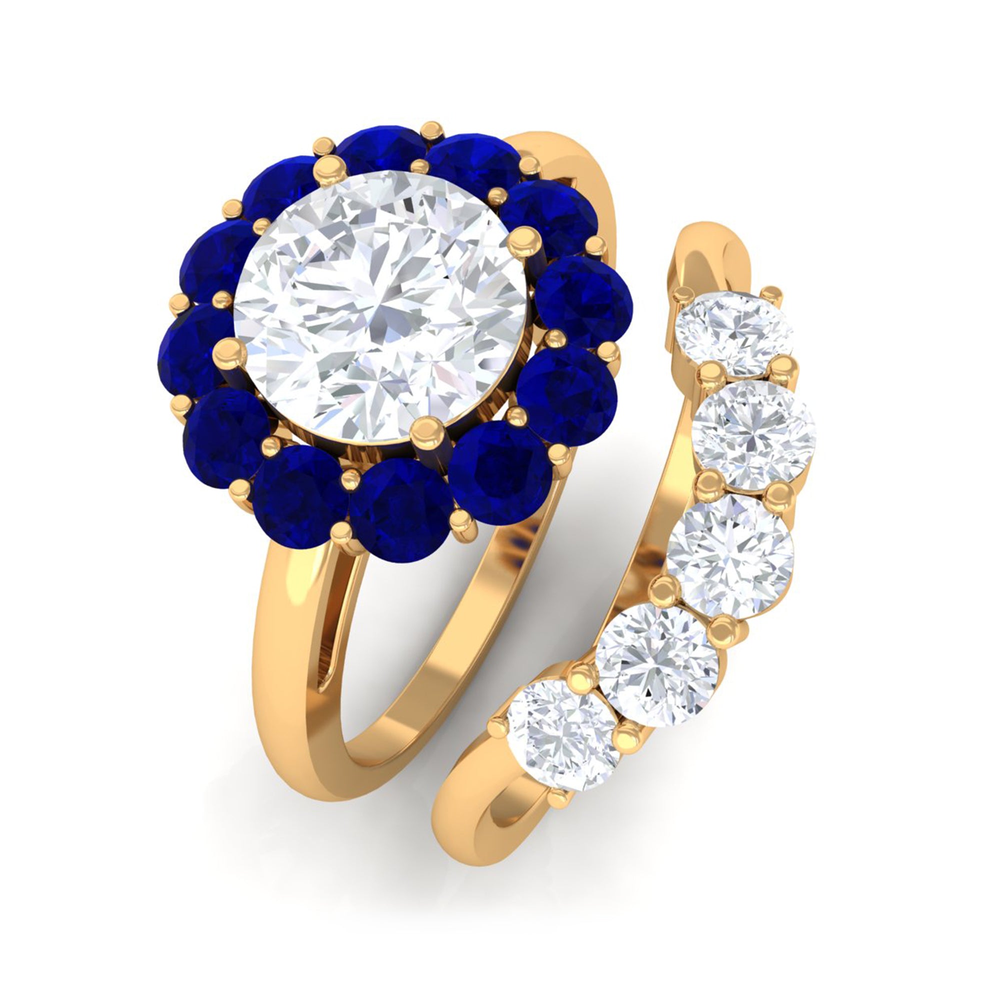 Sparkanite Jewels-Designer Moissanite Bridal Ring Set with Blue Sapphire Halo